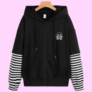 Emo sweater stripped skull skater hoodie black zip up Cozy long sleeve teenager